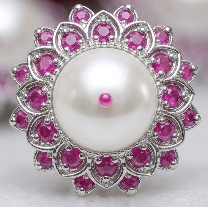 Classy Design - Genuine Pearl Ruby rhodium over .925 Sterling Silver handcrafted Statement Large Earrings - Close-up of Classy Design jewelry with pearl and ruby stones