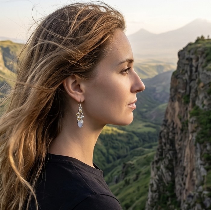Cascades OF LIGHT Genuine 7.2 carat Fire Moonstone .925 Silver handcrafted earrings - Side view of woman wearing Cascades OF LIGHT moonstone earrings.