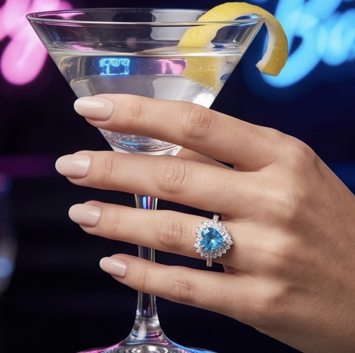 Angel's Heart 4.3 carat Swiss Blue Topaz .925 Sterling Silver dipped in rhodium handcrafted ring size 5 - Worn on hand: Angel's Heart 4.3 ct Swiss Blue Topaz ring with martini glass.