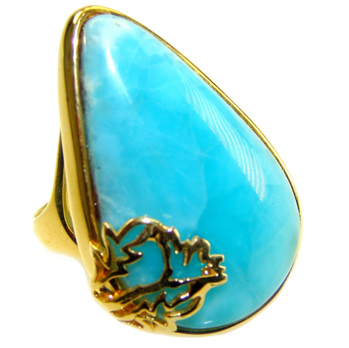 Blue Perfection Top QUALITY Blue Larimar 18K Gold over .925 Sterling Silver handmade Large ring size 8 1/4 - Close-up of Blue Larimar ring in 18K gold with leaf detail.
