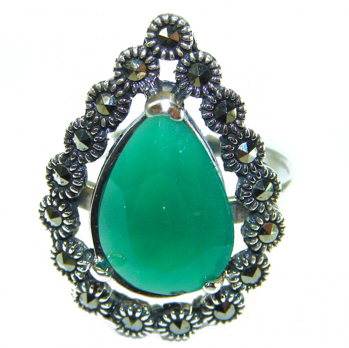 Stella - Very Unique authentic 11.5 carat Jade .925 Sterling Silver handcrafted Ring s. 7 1/4 - Jade ring close-up with marcasite details, front view.