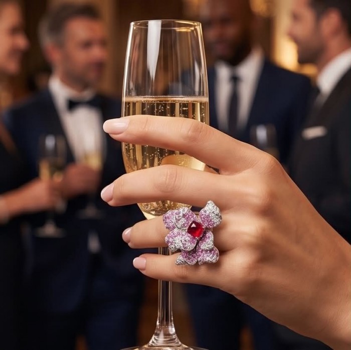 Wild Hibiscus 34.2 carat authentic Mozambique Ruby White Sapphire .925 Sterling Silver handcrafted Statement Ring size 6 - Hand wearing Wild Hibiscus ring with 34.2 carat ruby, holding champagne flute.