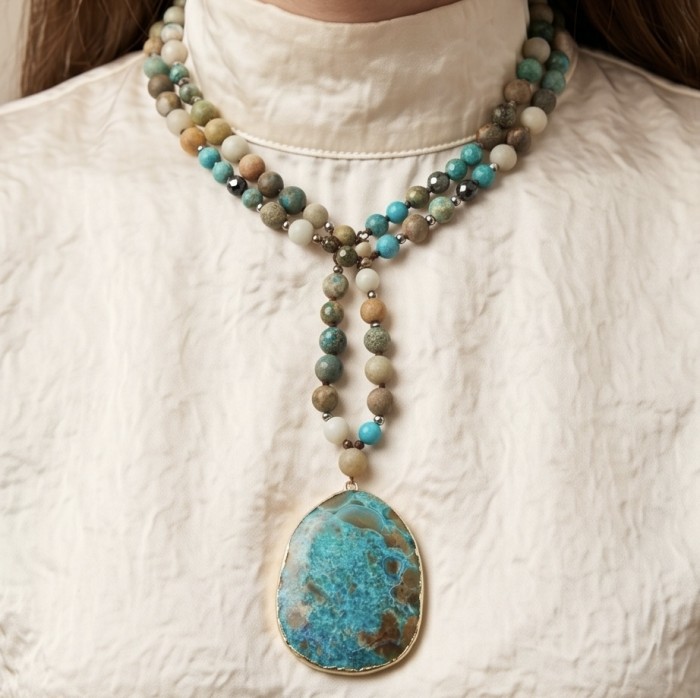 Bochemian style Moss Agate .925 Sterling Silver handcrafted Statement necklace - Bohemian moss agate necklace worn on neck, frontal view.