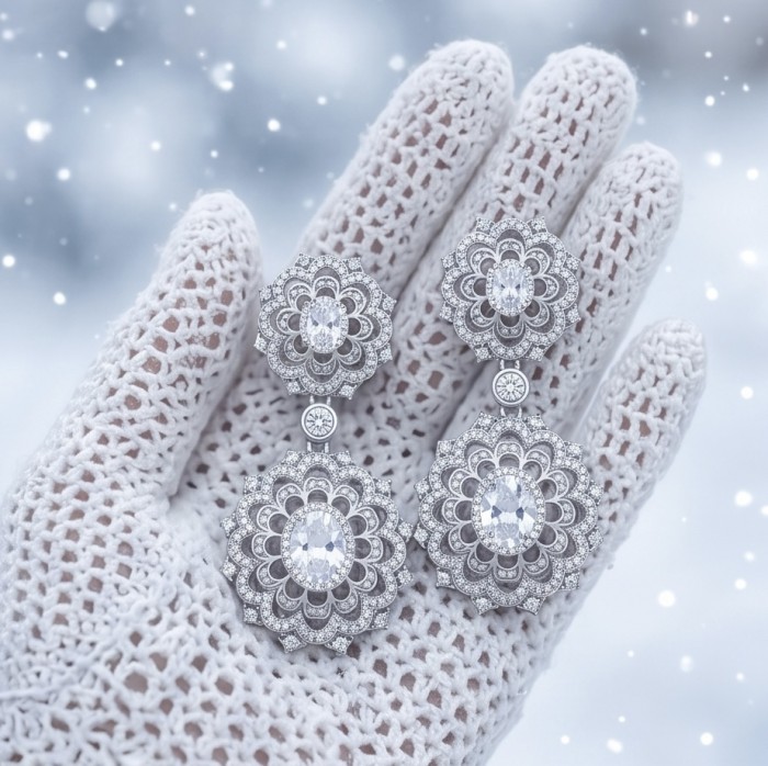 Elizabeth Natural 8.2 carat White Topaz .925 Sterling Silver handcrafted earrings - Elegant earrings on crochet glove in winter setting, front view.