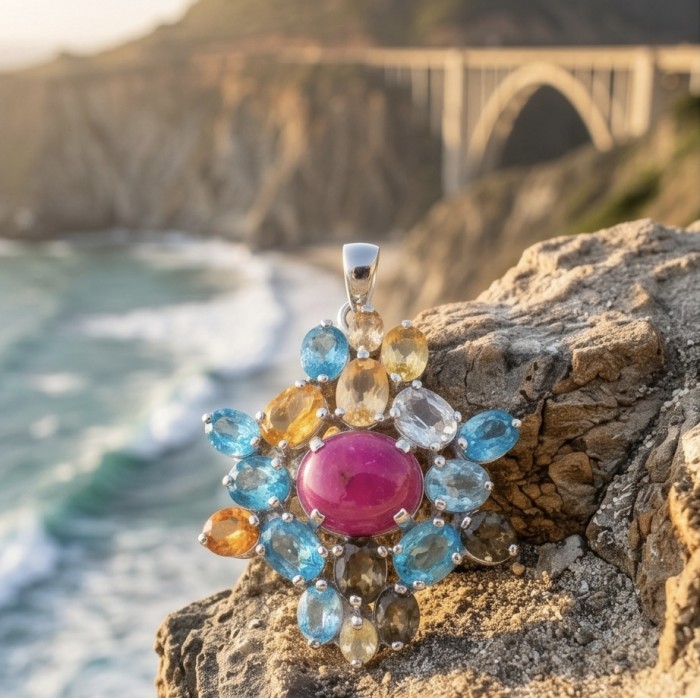 Giovanna- 25.5 carat Authentic Kashmir Ruby .925 Sterling Silver handcrafted Pendant and Brooch - Close-up of colorful gemstone pendant on rocky beach background