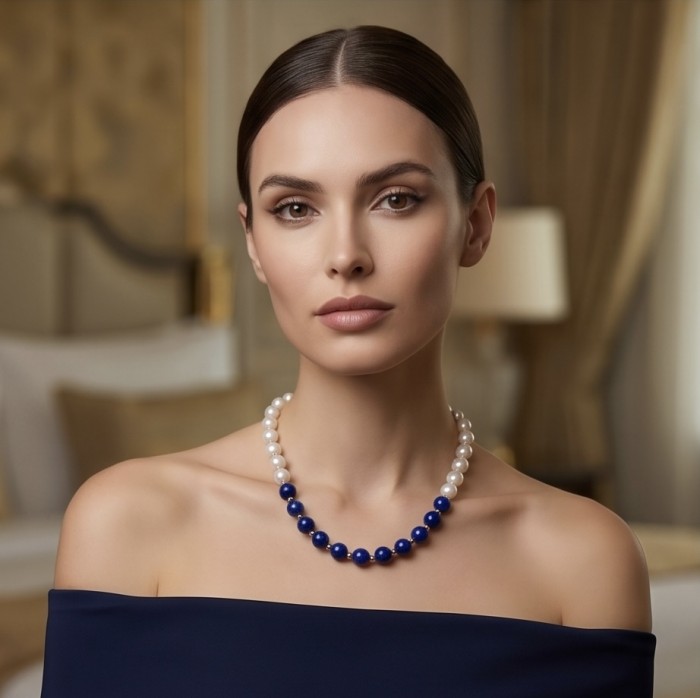 Boho Style Lapis Lazuli Pearl 10K Gold over .925 Sterling Silver handmade necklace - Model wearing Boho Style Lapis Lazuli Pearl necklace, front view.