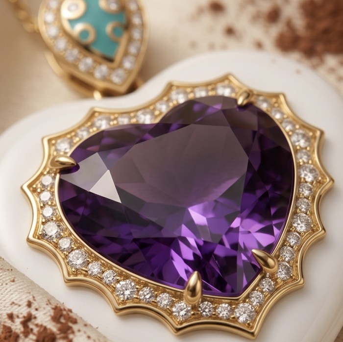 Lavender Love 14.5 carat natural Amethyst Enamel 22K Gold over .925 Sterling Silver Handcrafted Pendant - Close-up of Lavender Love amethyst pendant with gold and diamonds.