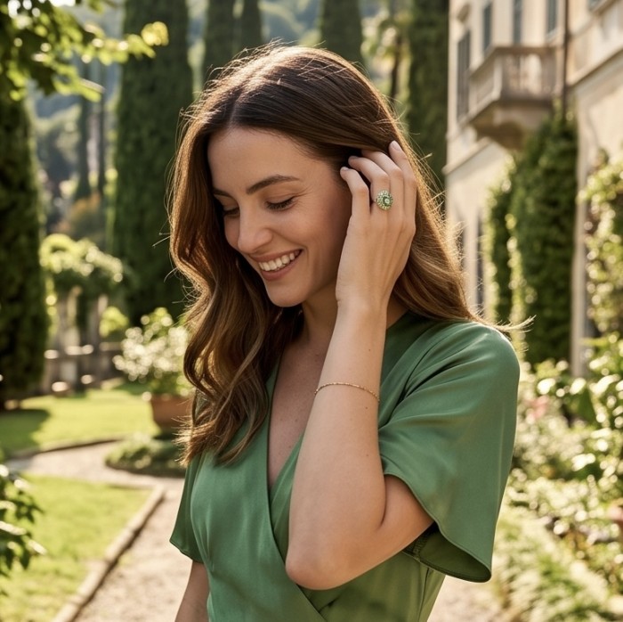 Large Natural 21.5 carat carved Green Amethyst rhodium over .925 Sterling Silver handcrafted ring size 8 - Woman wearing Green Amethyst ring, garden background.