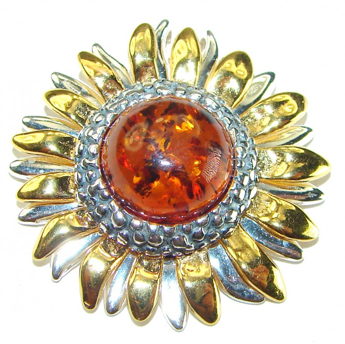 Golden Flower Natural Baltic Amber 14K Gold over .925 Sterling Silver handmade Pendant - photo 3