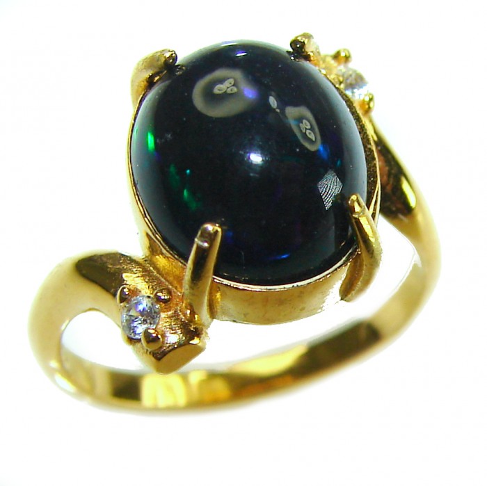 A COSMIC POWER Genuine 8.2 carat Black Opal 18K Gold over .925 Sterling Silver handmade Ring size 5 1/2 - Black opal ring, stone close-up, set in 18K gold with diamond accents