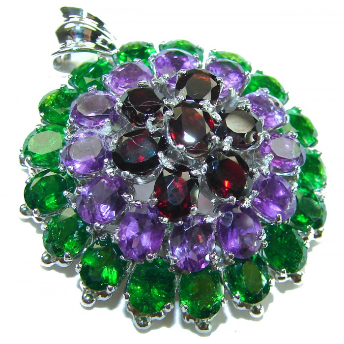 Power of Nature Very Unique 21.5 CARAT Multigem .925 Sterling Silver handcrafted pendant - Close-up of colorful gemstone cluster pendant on a white background