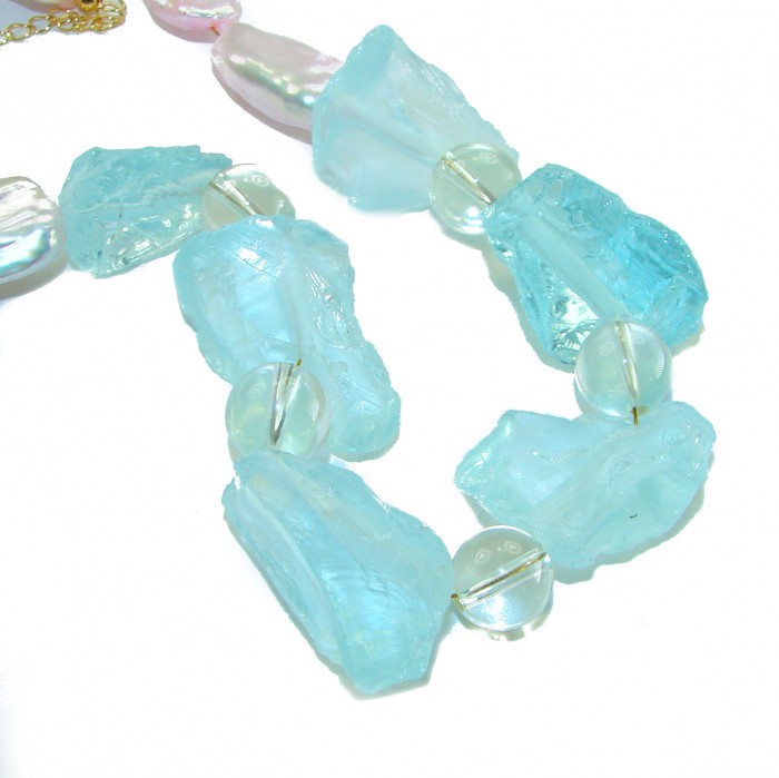 Sky and Ocean authentic rough Aquamarine Mother of Pearl 10k Gold over .925 Sterling Silver handcrafted STATEMENT Necklace - Aquamarine and pearl necklace close-up against white background