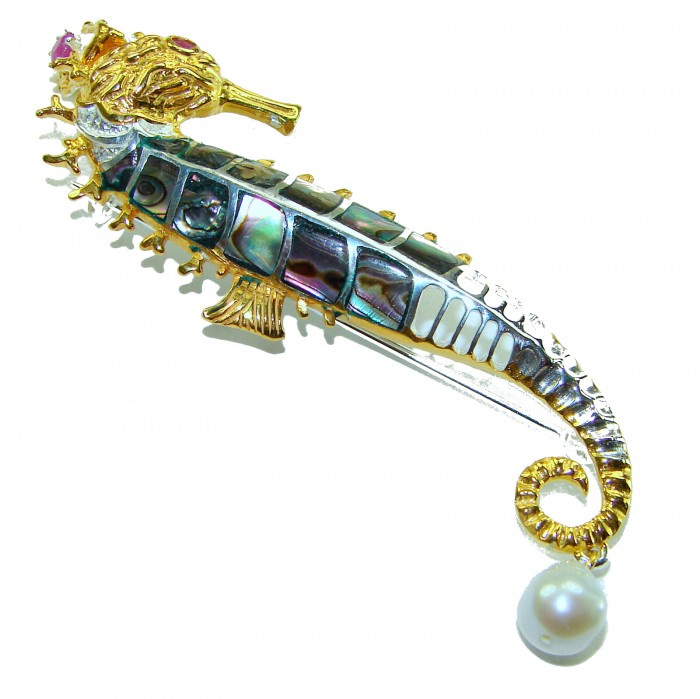 Precious SeaHorse Natural Rainbow Abalone Ruby 14K Gold over .925 Sterling Silver handmade Pendant Brooch - Seahorse brooch with abalone and pearl, side view.