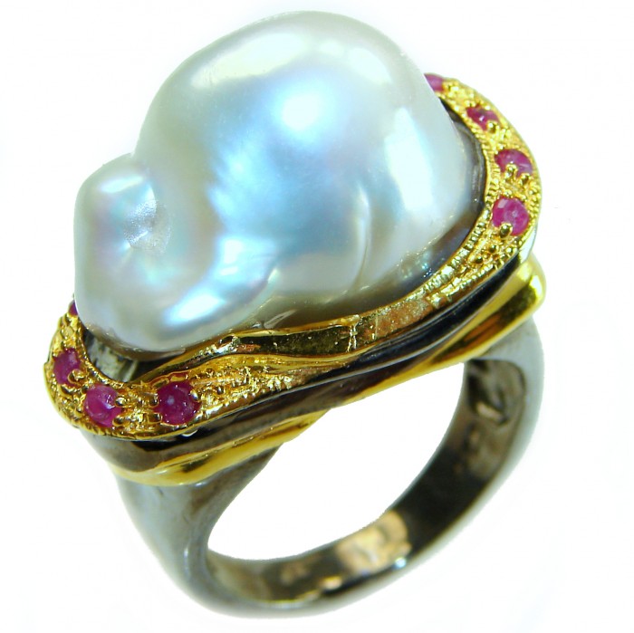 Huge Authentic rare Mother of Pearl Ruby 18K Gold over .925 Sterling Silver handcrafted ring; s. 7 - Side view of 18K gold ring with rare mother of pearl and rubies.