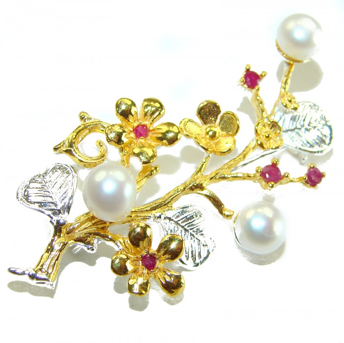Floral Design Genuine Pearl Ruby 14K Gold .925 Sterling Silver handmade Pendant Brooch - Floral jewelry with pearls and rubies, gold and silver detail close-up.