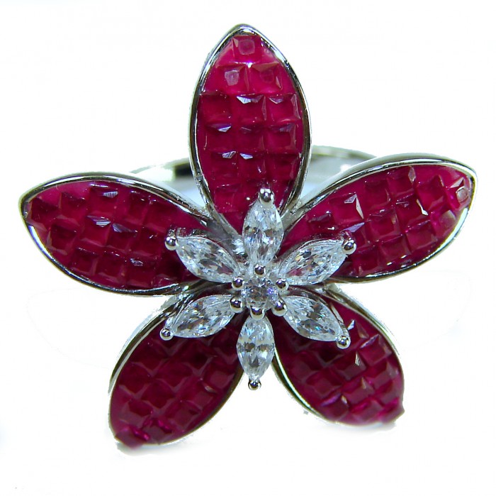 Real Beauty Natural mystery settinng 10.1 carat Ruby .925 Sterling Silver handmade Statement Ring size 7 - Ruby and diamond flower ring close-up view