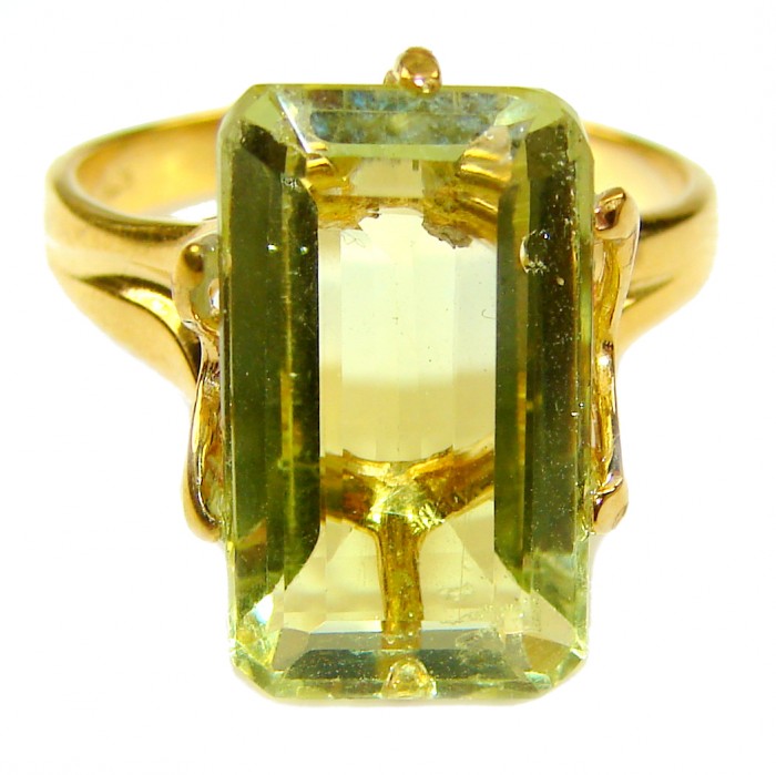 Solid 9.8 carat Genuine Lemon Quartz 18K Gold over .925 Sterling Silver handcrafted ring size 8 - Lemon quartz ring close-up with 18K gold setting.