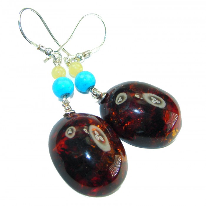 Golden Honey Drops authentic Baltic Amber .925 Sterling Silver earrings - Close-up of Baltic amber earrings with blue and yellow beads.
