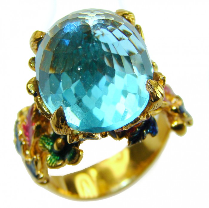 Pacifica - Authentic Fancy Rose cut 44.5 carat Swiss Blue Topaz Enamel 22K Gold over .925 Sterling Silver handcrafted Large Statement ring size 7 1/4 - Close-up of Pacifica ring with 44.5 ct Swiss Blue stone