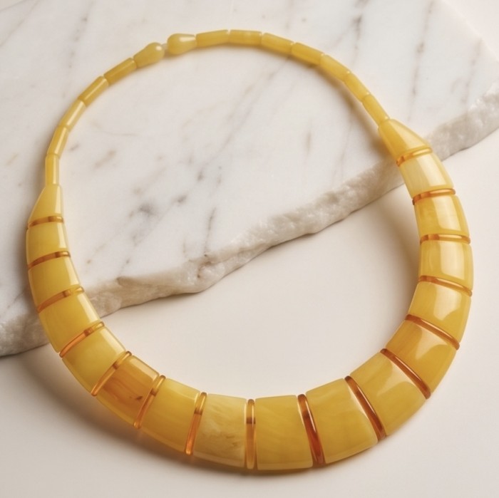 Dazzling - Rare!- vintage Style- natural Butterscotch Baltic Amber .925 Sterling Silver handcrafted necklace - Necklace on marble, front view, showcasing yellow butterscotch beads