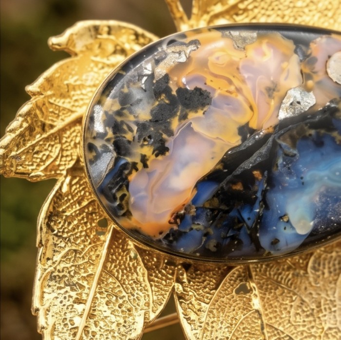 Stylish REAL Leaf dipped in 14K Gold 24.5 CARAT Boulder Opal .925 Sterling Silver Pendant - Close-up of boulder opal on 14K gold-dipped leaf jewelry.