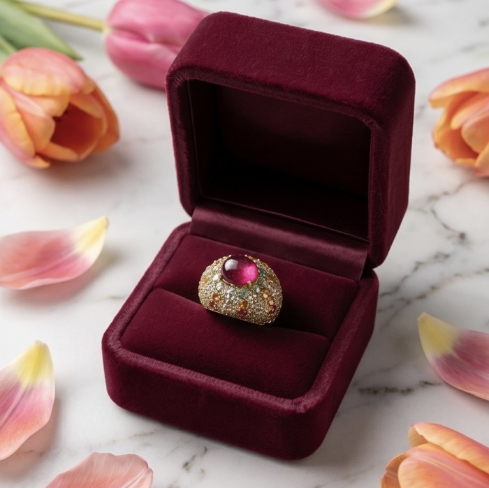 Blooming Garden Natural 10.8 carat Mozambique Ruby rhodium over .925 Sterling Silver handmade Statement Ring size 7 - Ruby ring in velvet box, surrounded by tulips and petals.