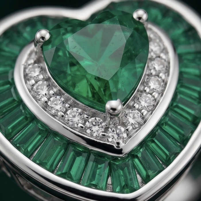 Art deco - My Sweet Heart Natural 4.8 carat Colombian Emerald .925 Sterling Silver Handcrafted Cocktail Ring s. 7 - Emerald and diamond heart close-up with art deco design.