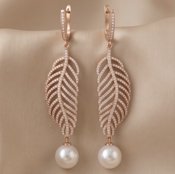 BLOOMING BEAUTY Genuine Pearl 0.2 CARAT lab grown Diamond 22k Rose Gold over .925 Sterling Silver handcrafted Statement Earrings - Rose gold earrings with leaf design and pearl, front view.