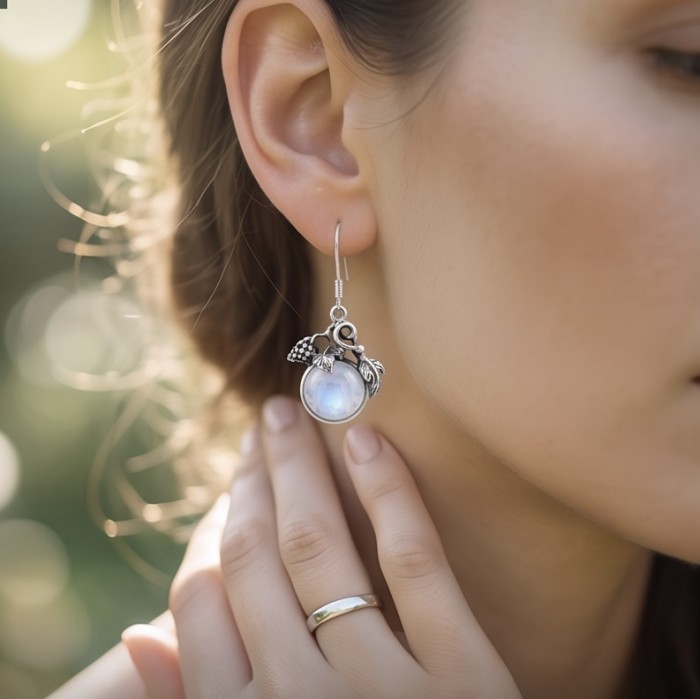 Moonlight Authentic 11.2 carat Fire Moonstone .925 Sterling Silver handmade Satement earrings - Moonstone earring worn on ear, side view showcasing silver detailing.