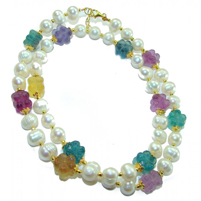 Genuine carved Fluorite Mother of Pearl 14K Gold over .925 Sterling Silver handcrafted Necklace - photo 4