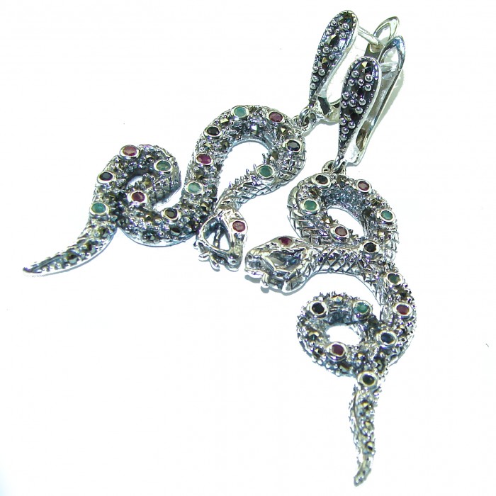 Snakes natural Sapphire marcasite .925 Sterling Silver Earrings - photo 2