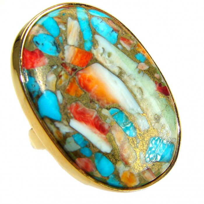 Rare 26.5 carat Oyster Turquoise 18K Gold over .925 Sterling Silver handcrafted Large ring; s. 8 adjustable - Close-up of rare Oyster Turquoise gemstone in 18K gold setting.