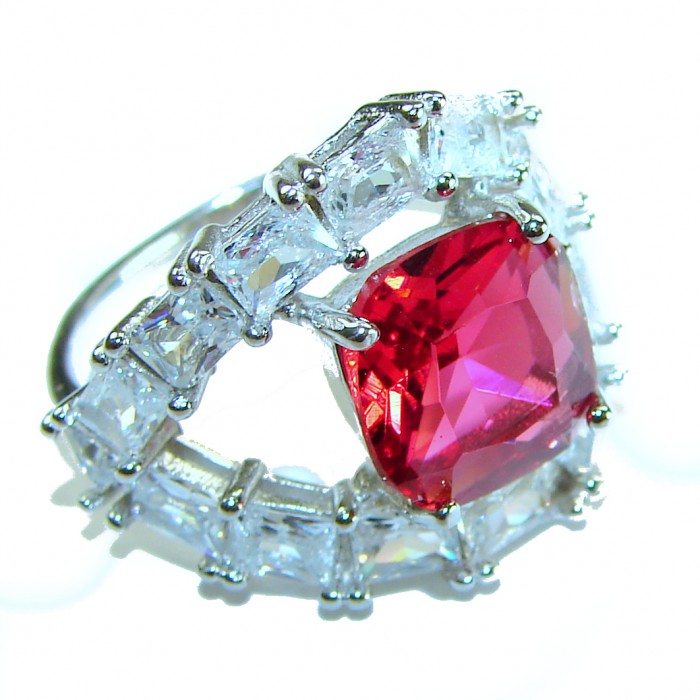 Royalty 37.5 carat baguette cut Red Garnet .925 Sterling Silver handcrafted ring; s. 8 3/4 - Red garnet ring with baguette stones, side view close-up