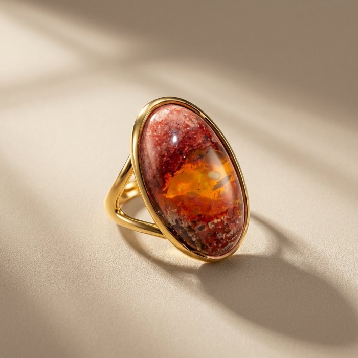Queen of Fire best quality 22.4 carat Mexican Opal 18K Rose Gold over .925 Sterling Silver handmade ring 8 adjustable - Side view of 22.4 carat Mexican Opal ring in 18K rose gold.