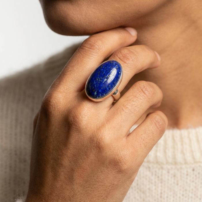 Natural 20.8 carat Lapis Lazuli .925 Sterling Silver handcrafted ring size 7 adjustable - Lapis Lazuli ring in .925 silver worn on hand, close-up view.