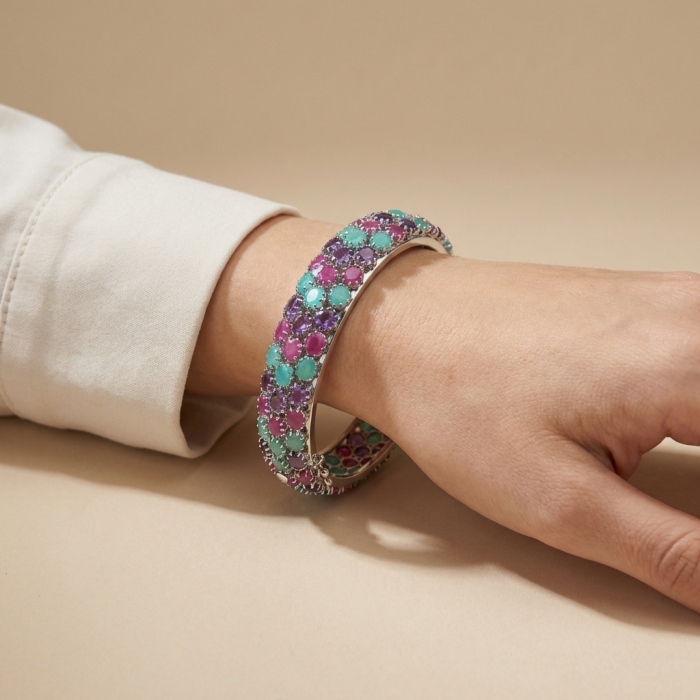 Anna Maria Authentic 61.2 carat Ruby Emerald Sapphire .925 Sterling Silver handmade bangle Bracelet - Worn on hand; Anna Maria Ruby Emerald Sapphire Bracelet 61.2 carat .925