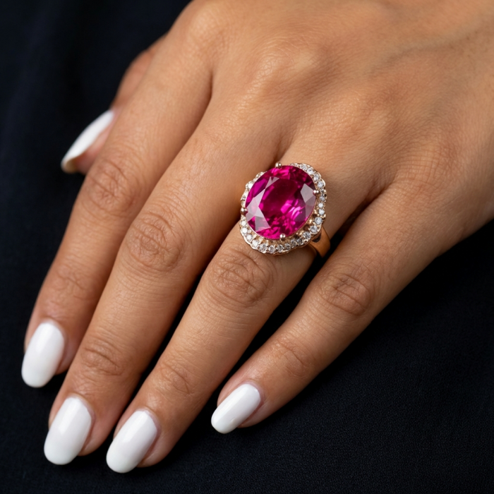 Bella Rosa Natural 18.8 carat Pink Tourmaline .925 Sterling Silver dipped in 22K Rose Gold handmade Statement Ring size 5 - Pink tourmaline ring worn on hand, top view.