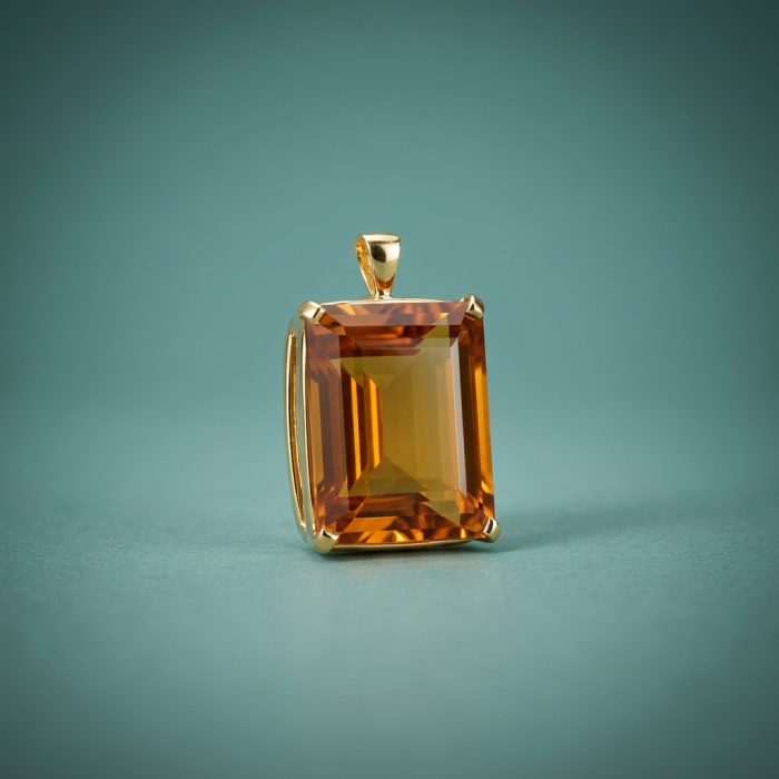 Luxury genuine 55.5 CARAT baquette cut Champagne Topaz .925 Sterling Silver dipped in 18K Gold handmade Pendant - Close-up of luxury 55.5 carat baguette-cut champagne topaz pendant