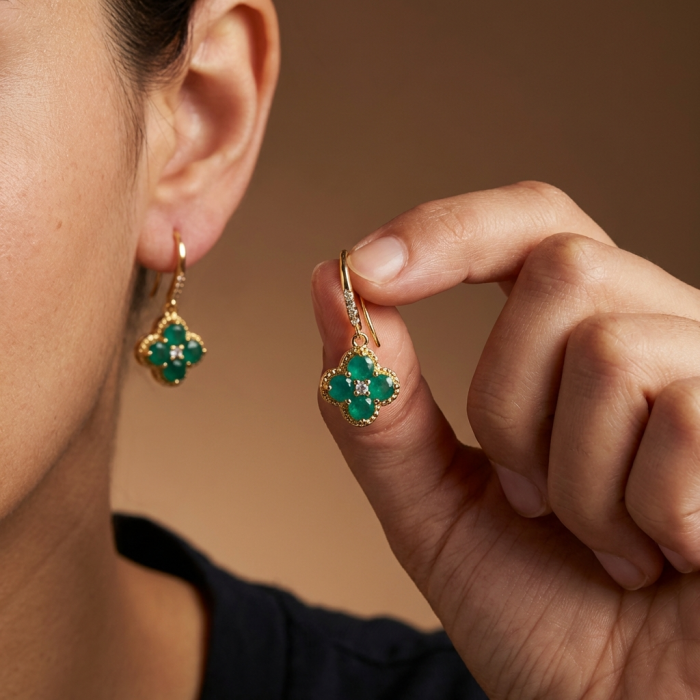 Giovanna - Authentic 8.9 carat Emerlad .925 Sterling Silver dipped in 18K Gold handcrafted earrings - Emerald earrings worn, close-up view showing detail and clasp.