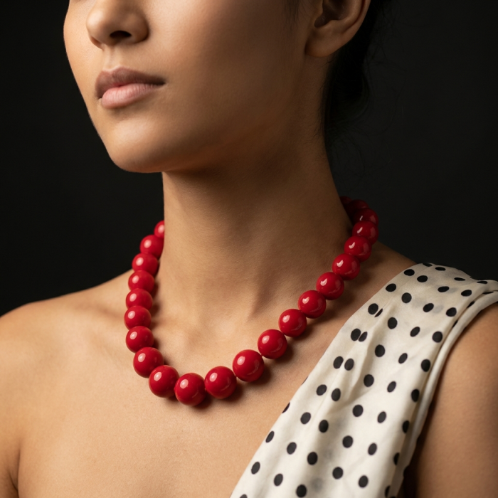 ESTANCIA Sublime natural Red Fossilized Coral Sterling Silver handmade Necklace - Woman wearing red fossilized coral necklace, side view.