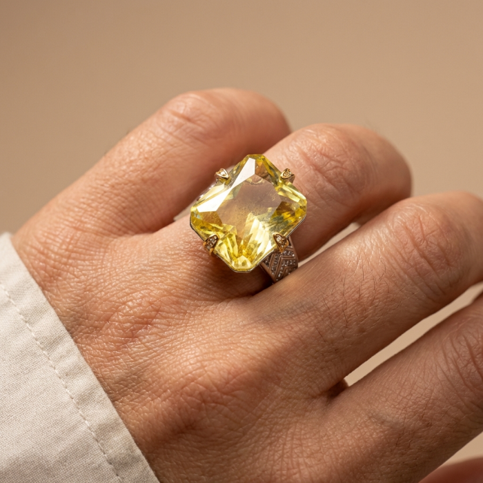 Solid 35.8 carat Genuine Yellow Sapphire 2 tones .925 Sterling Silver handcrafted ring size 7 adjustable - Yellow sapphire ring, worn on hand, solid 35.8 carats, two-tone sterling.
