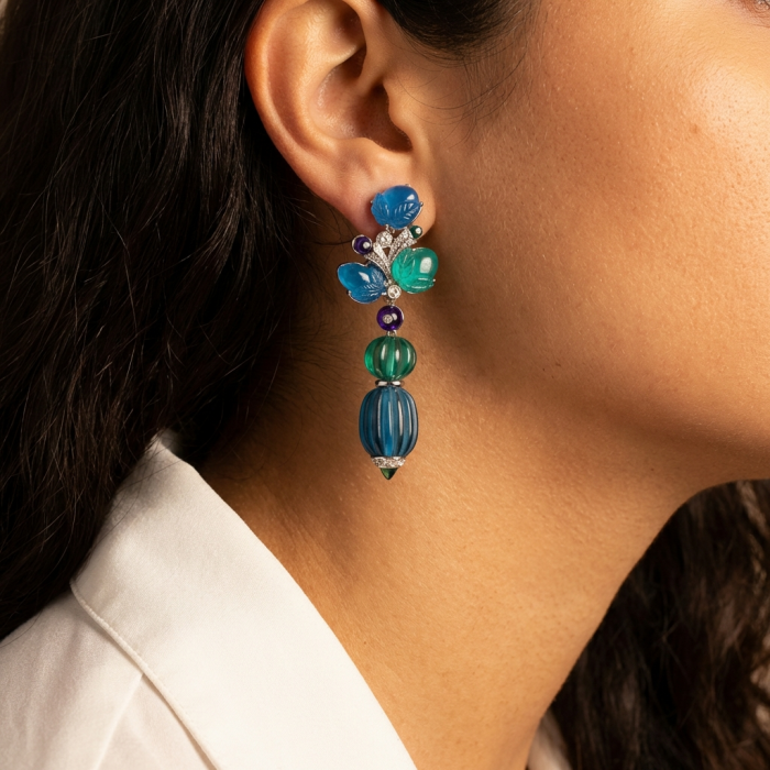 Blue Extravaganza - Very Unique 60.5 carat Emerald Sapphire .925 Sterling Silver handcrafted earrings - Side view of Blue Extravaganza earrings worn on ear.