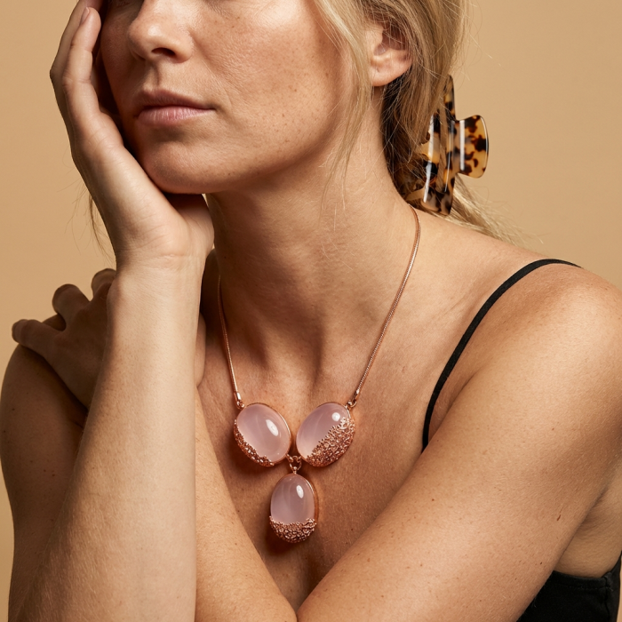 Rose Garden 52.5 carat BRAZILIAN ROSE QUARTZ 14K Rose Gold over .925 Sterling Silver handcrafted Statement necklace - Rose quartz necklace worn on model, side view with tortoiseshell clip.