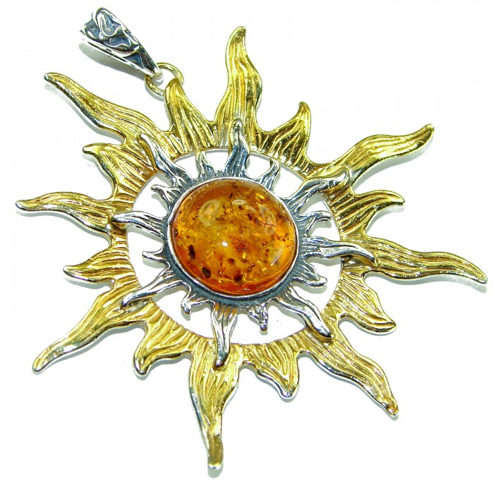 Bright Sun Baltic Polish Amber 14k Gold over .925 Sterling Silver handcrafted Pendant - Sun pendant with amber stone, frontal view, gold over sterling silver.