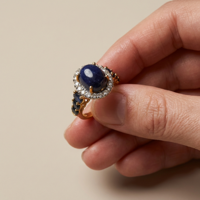 Vintage Style 10.2 carat natural Sapphire 22K Gold over .925 Sterling Silver Perfectly handcrafted Ring s. 7 1/4 - Close-up of a vintage sapphire ring held between fingers