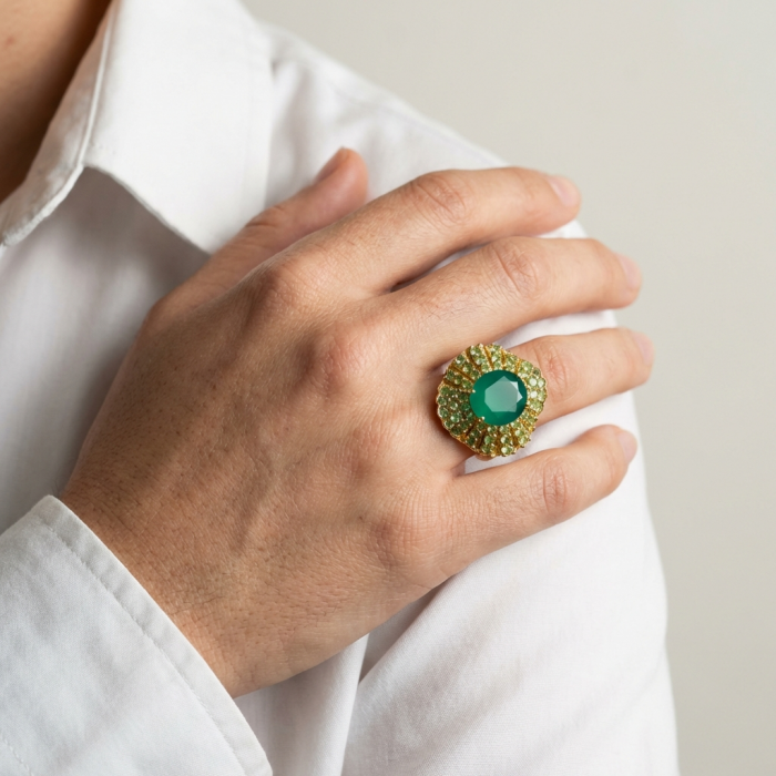 Elizabeth 4 Prong oval cut 5.9 carat Colombian Emerald .925 Sterling Silver dipped in 22K GOLD handcrafted Ring size 7 - Emerald ring worn on hand, showcasing 5.9 carat oval Colombian Emerald.