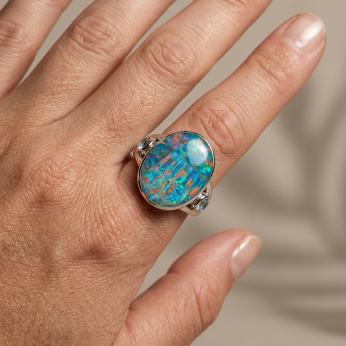 Endless Ocean Genuine 18.2 carat Australian Opal .925 Sterling Silver handmade Ring size 6 - Opal ring worn on hand, showcasing vibrant colors and design.