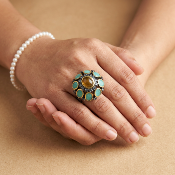Serenity 12.5 carat Golden Calcite Emerald black Rhodium over .925 Sterling Silver Ring s. 6 - Ring with Golden Calcite and Emeralds worn on hand, close-up view.