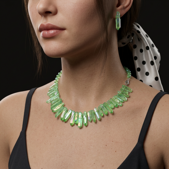Mint-Green Halite Crystal Cluster .925 Sterling Silver handmade Necklace - Side view of mint-green crystal cluster necklace worn on model.
