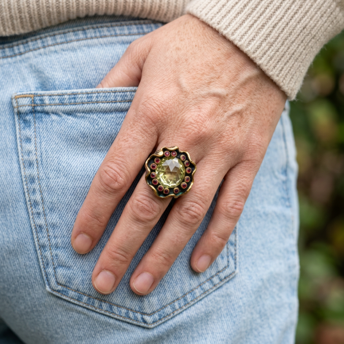 Real Treasure 10.5 carat Citrine .925 Sterling Silver dipped in Black rhodium Handcrafted Huge Ring size 6 - Citrine sterling silver ring worn on hand, stone close-up.